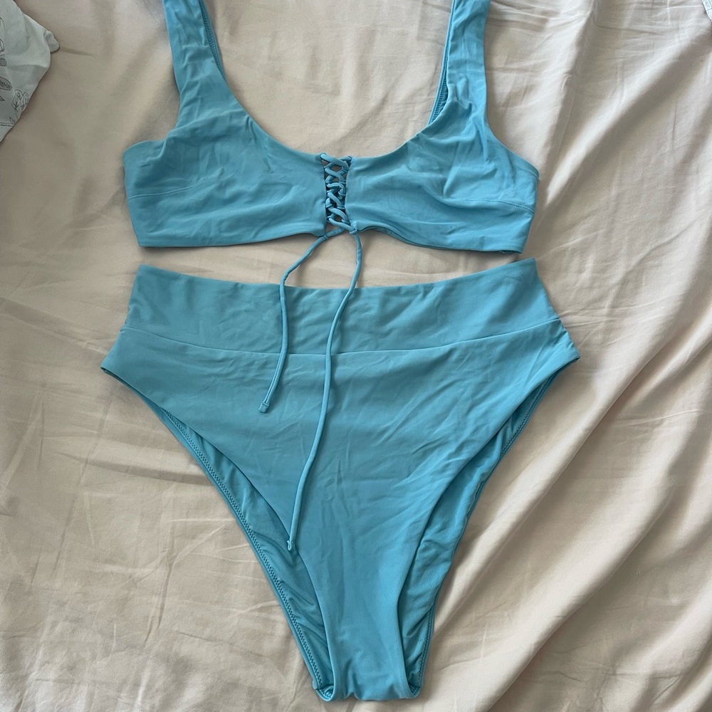 Blue Aerie Swimsuit High Waist Bottom Tie Front Top